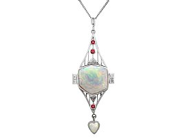 Opal, 0.85ct Diamond, & 0.15ct Ruby, Platinum Pendant - Art Deco Style - Vintage 1997