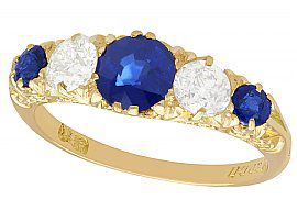 1.39 ct Sapphire and 0.72 ct Diamond, 18ct Yellow Gold Five Stone Ring - Antique Circa 1910