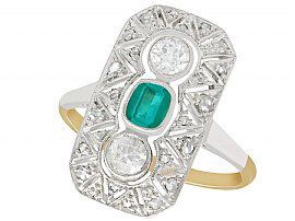 0.37ct Emerald & 0.78ct Diamond, 14ct Yellow Gold Ring - Art Deco - Antique