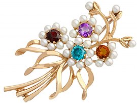 1.28 ct Multi-Gemstone and Pearls, 9 ct Yellow Gold Brooch - Antique Circa 1920