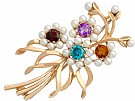 1.28 ct Multi-Gemstone and Pearls, 9 ct Yellow Gold Brooch - Antique Circa 1920