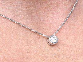 Diamond Solitaire Pendant in White Gold Wearing Neck