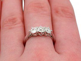 three stone engagement ring on finger