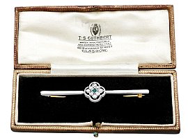 0.27ct Diamond & Emerald, 9ct Yellow Gold & Platinum Bar Brooch - Antique Circa 1910