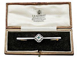 Antique Diamond and Emerald Bar Brooch Open Box