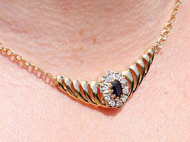 Unusual Sapphire and Diamond Necklace Around Neck