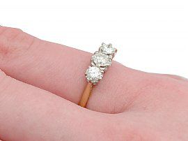 18ct Yellow Gold Three Stone Diamond Ring Wearing Hand