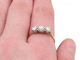 18ct Yellow Gold Three Stone Diamond Ring Wearing Finger