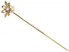 Pearl and 0.17 ct Diamond, 18 ct Yellow Gold Insect Pin Brooch - Antique Victorian