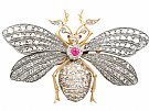 3.11 ct Diamond and Synthetic Ruby, 15 ct Yellow Gold Insect Brooch - Antique Victorian