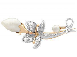 0.47ct Diamond and Baroque Pearl, 9ct Yellow Gold Brooch - Antique Victorian