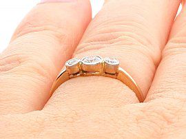 Three Stone Diamond Ring in Yellow Gold Wearing Finger