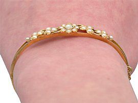 Victorian Gold Bangle with Pearls Wearing Wrist
