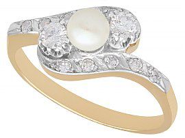 0.56ct Diamond & Pearl, 14ct Yellow Gold Twist Ring - Vintage Circa 1940