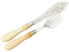 Sterling Silver & Carved Handled Fish Servers - Antique Victorian