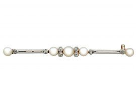 0.13 ct Diamond and Pearl, 9 ct Yellow Gold Bar Brooch - Antique Circa 1900