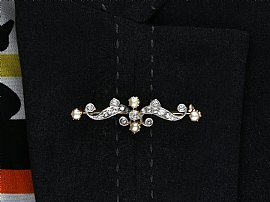 Antique Diamond and Pearl Brooch in Yellow Gold Wearing