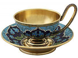 SOLD - Russian Silver Gilt and Polychrome Cloisonne Enamel Cup and Saucer - Vintage Circa 1970