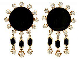 1.40ct Diamond and Onyx, 14ct Yellow Gold Drop Earrings - Art Deco Style - Vintage Circa 1950