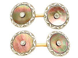 Mother of Pearl and 0.12ct Diamond, 14ct Yellow Gold Cufflinks - Antique Circa 1920