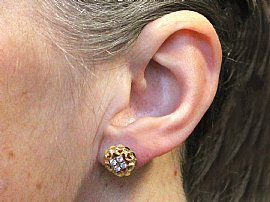 Vintage Gold Stud Earrings with Diamonds Wearing
