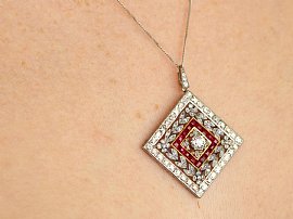 Antique Ruby and Diamond Pendant Wearing Up Close