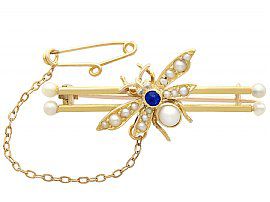 Sapphire and Diamond, Pearl and 15ct Yellow Gold 'Insect' Brooch - Antique Victorian