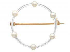 Pearl and 9ct Yellow Gold, Platinum Set Brooch - Antique Circa 1920