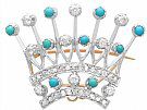 2.40 ct Diamond and Turquoise, 12 ct Yellow Gold  'Crown' Brooch - Antique Victorian