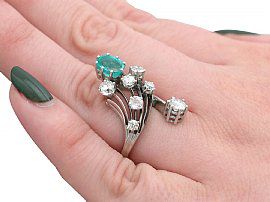 18ct White Gold Emerald and Diamond Ring on Finger