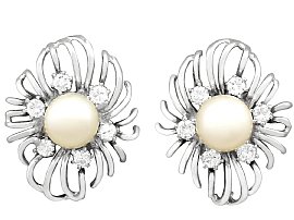 Cultured Pearl and 0.84ct Diamond, 18ct White Gold Stud Earrings - Vintage Circa 1950