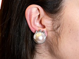 Mabe Pearl Earrings in White Gold Wearing