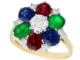 Sapphire, Emerald, Garnet, Diamond and 18 ct Yellow Gold Cluster Ring - Vintage 1987