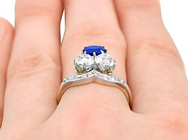 Cushion Cut Sapphire Ring with Diamonds Finger Wearing