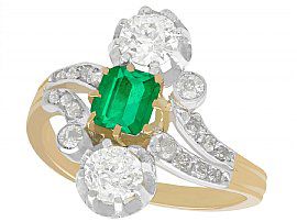 1.12ct Diamond & 0.60ct Emerald, 18ct Yellow Gold Twist Ring - Antique Circa 1880