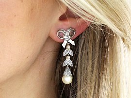 Pearl & Diamond Drop Earrings Wearing
