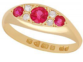 Synthetic Ruby and 0.12ct Diamond, 18ct Yellow Gold Dress Ring - Antique 1913