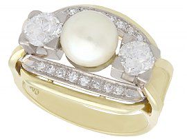 Cultured Pearl and 1.23ct Diamond, 14ct Yellow Gold Dress Ring - Vintage Circa 1950