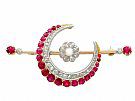 2.85 ct Ruby, 0.65 ct Diamond and Pearl, 9 ct Yellow Gold Crescent Brooch - Antique Victorian