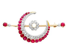 2.85ct Ruby, 0.65ct Diamond and Pearl, 9ct Yellow Gold Crescent Brooch - Antique Victorian
