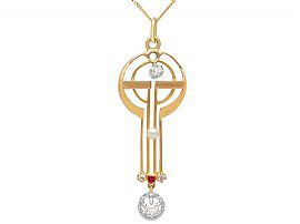 0.60 ct Diamond and Pearl, Ruby and 18 ct Yellow Gold Pendant - Art Nouveau - Antique German Circa 1920