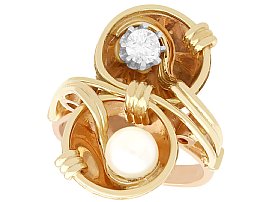 0.23ct Diamond and Pearl, 14ct Rose Gold Twist Ring - Vintage Circa 1950