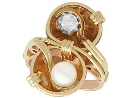 0.23 ct Diamond and Pearl, 14 ct Rose Gold Twist Ring - Vintage Circa 1950