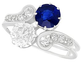 1.19 ct Basaltic Sapphire and 1.28 ct Diamond, 18 ct White Gold Twist Ring - Antique Victorian