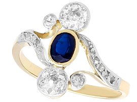0.37ct Sapphire and 0.83ct Diamond, 14ct Yellow Gold Twist Ring - Antique Circa 1930