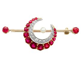 2.38ct Ruby, 0.30ct Diamond, Pearl and 14ct Yellow Gold Crescent Bar Brooch - Antique Victorian