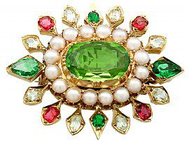 4.35ct Peridot, 2.56ct Emerald and Sapphire, Seed Pearl and 18ct Yellow Gold Pendant / Brooch - Antique Victorian