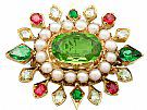 4.35 ct Peridot,  2.56 ct Emerald and Sapphire, Seed Pearl and 18 ct Yellow Gold Pendant / Brooch - Antique Victorian