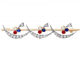 0.52ct Diamond, 0.24ct Ruby and Sapphire, 9ct Yellow Gold Bar Brooch - Antique Victorian