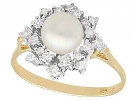 Cultured Pearl and 0.60ct Diamond, 18ct Yellow Gold Dress Ring - Vintage Circa 1970
